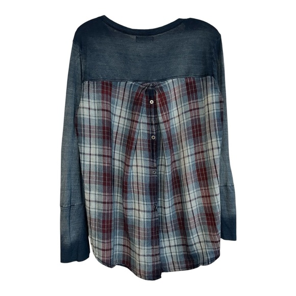 Anthropology Cloth & Stone Womens MED Blue Ombre Blouse Adj Flare Sleeve Plaid - Picture 2 of 4